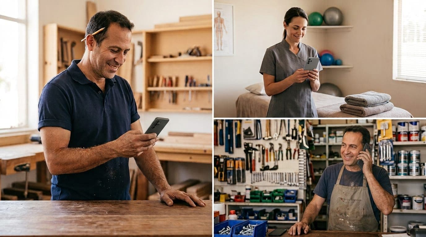 تلات أصحاب مصالح — نجار، معالجة، وصاحب محل عدة — بقرأوا استفسارات جديدة على تلفوناتهم. تصميم مواقع وتسويق ديجيتالي من كارغرافت